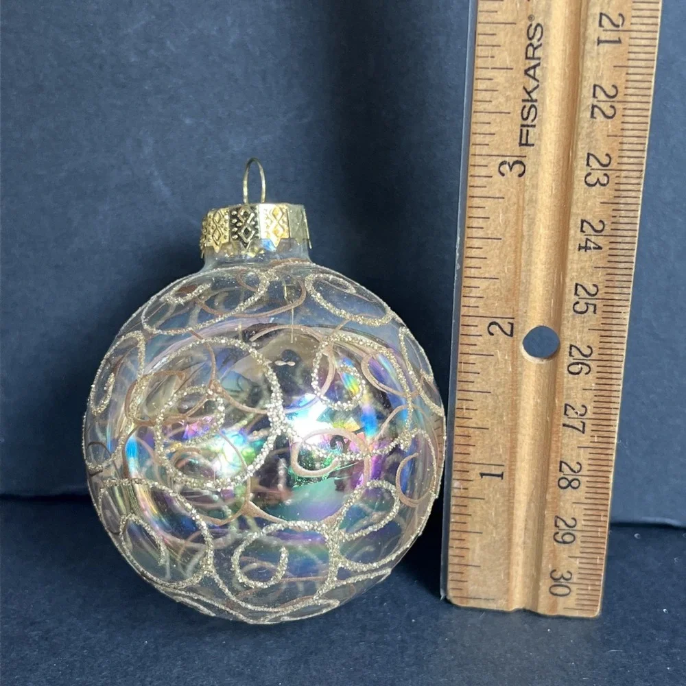 VTG Garden Ridge Glass Ball Gold Glitter Iridescent Stenciled Ornaments Set 5